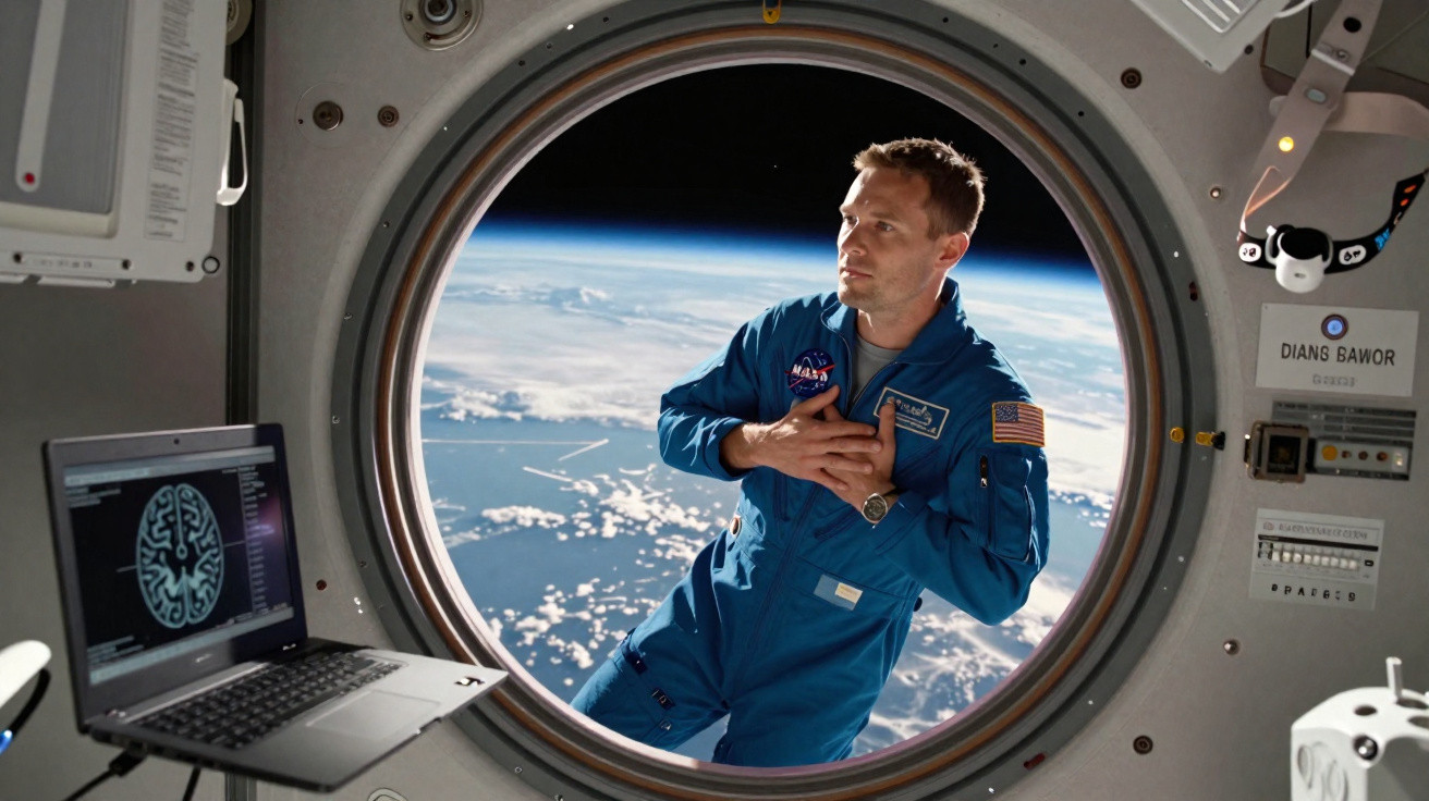 Astronauta em traje azul flutua no espaço do lado de fora da estação com a Terra ao fundo.