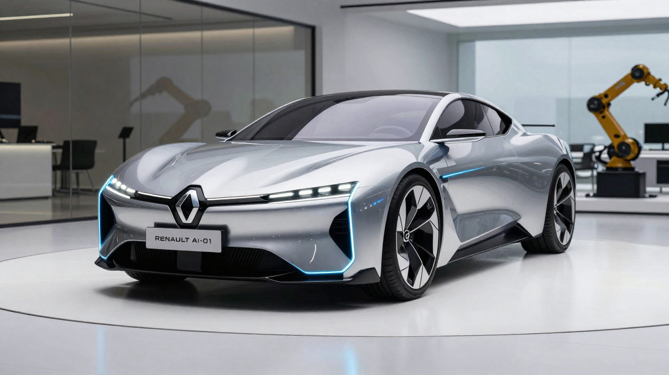 Carro conceito elétrico Renault AI-01 prata em ambiente moderno com robô ao fundo.