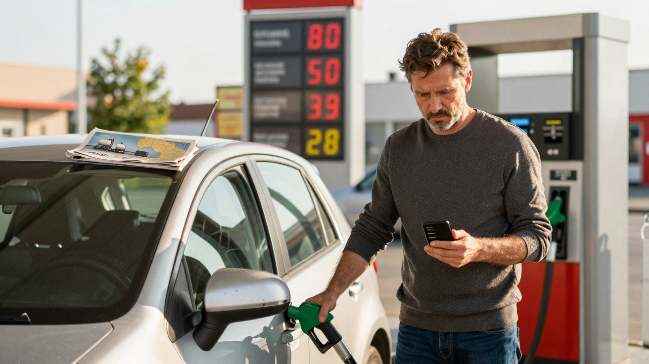 Homem abastecendo carro em posto de gasolina enquanto olha para celular em dia ensolarado.