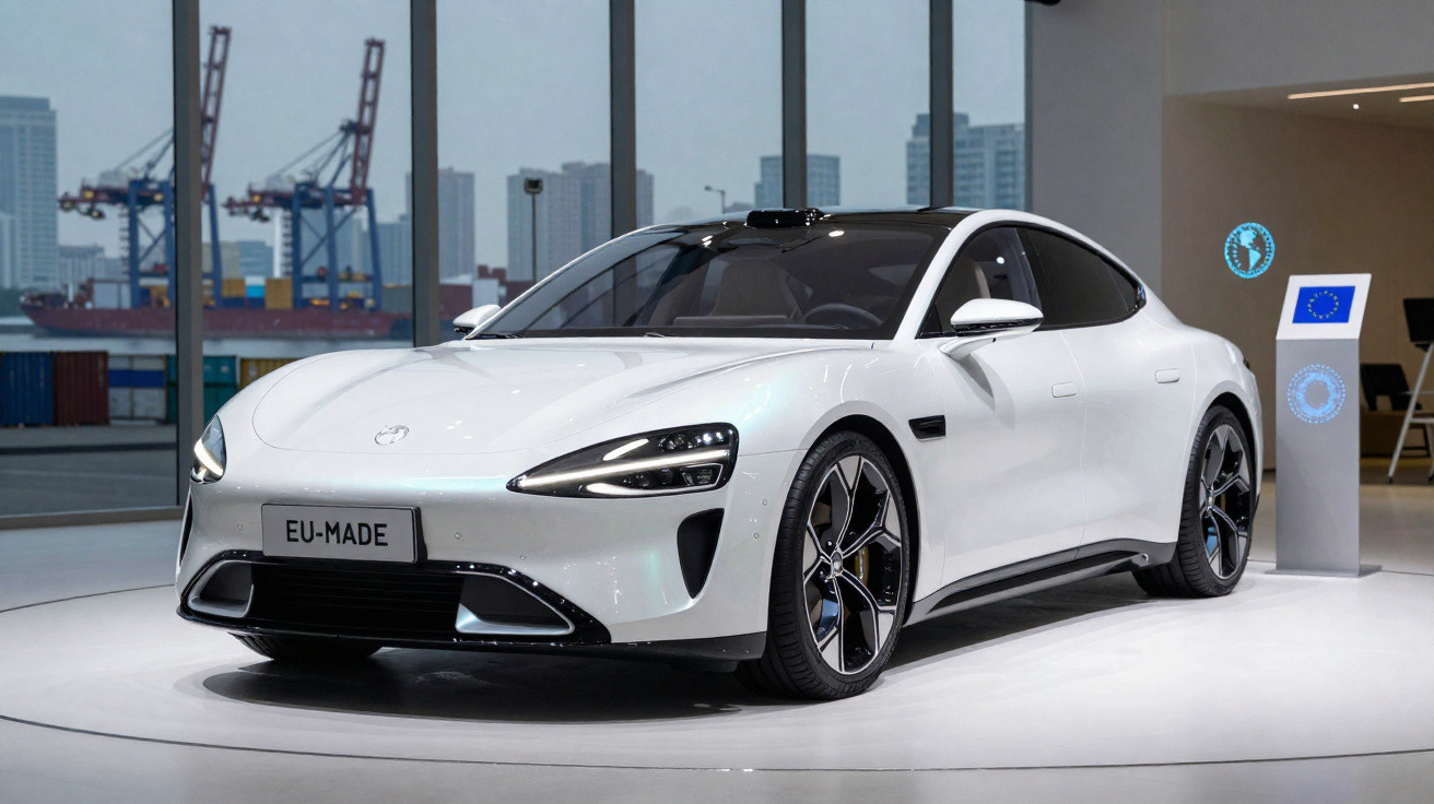 Carro elétrico branco com placa EU-MADE em exposição interna com janela grande e vista urbana ao fundo.