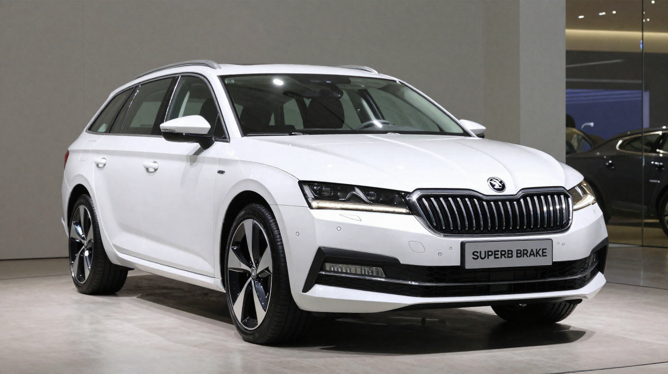 Carro branco modelo perua Škoda Superb Brake exibido em ambiente interno com chão claro.