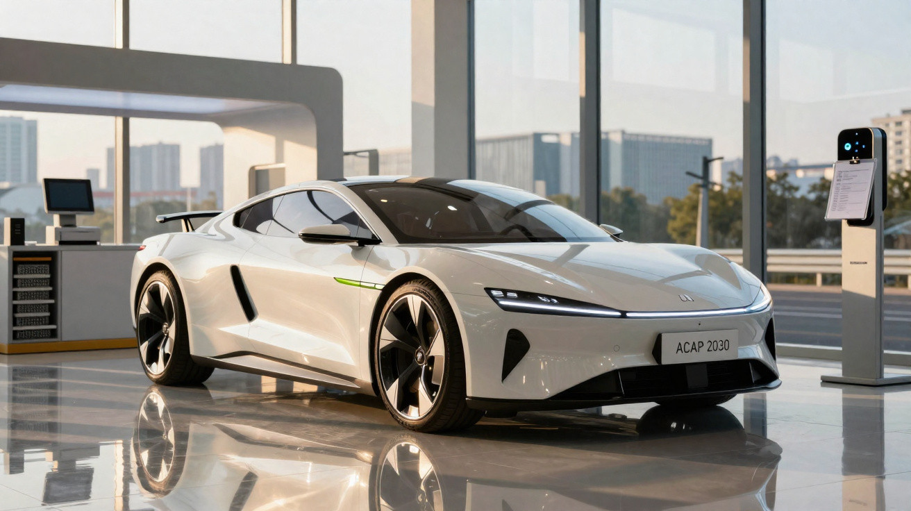 Carro esportivo branco elétrico modelo ACAP 2030 estacionado em showroom moderno com janelas grandes.