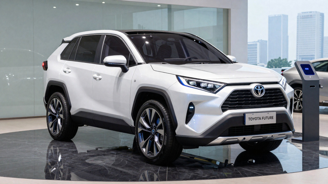 SUV branco da Toyota modelo Future exibido em ambiente interno moderno.