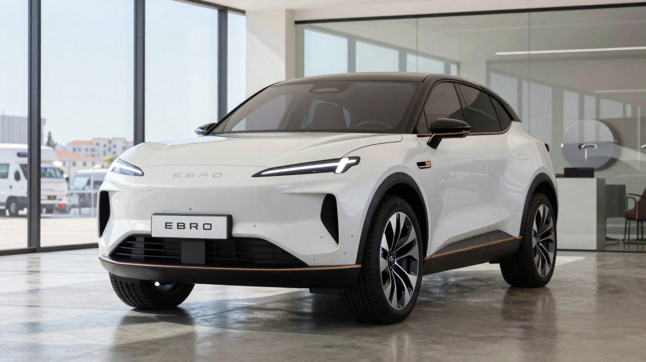SUV elétrico branco EBRO estacionado em ambiente interno moderno com paredes de vidro.