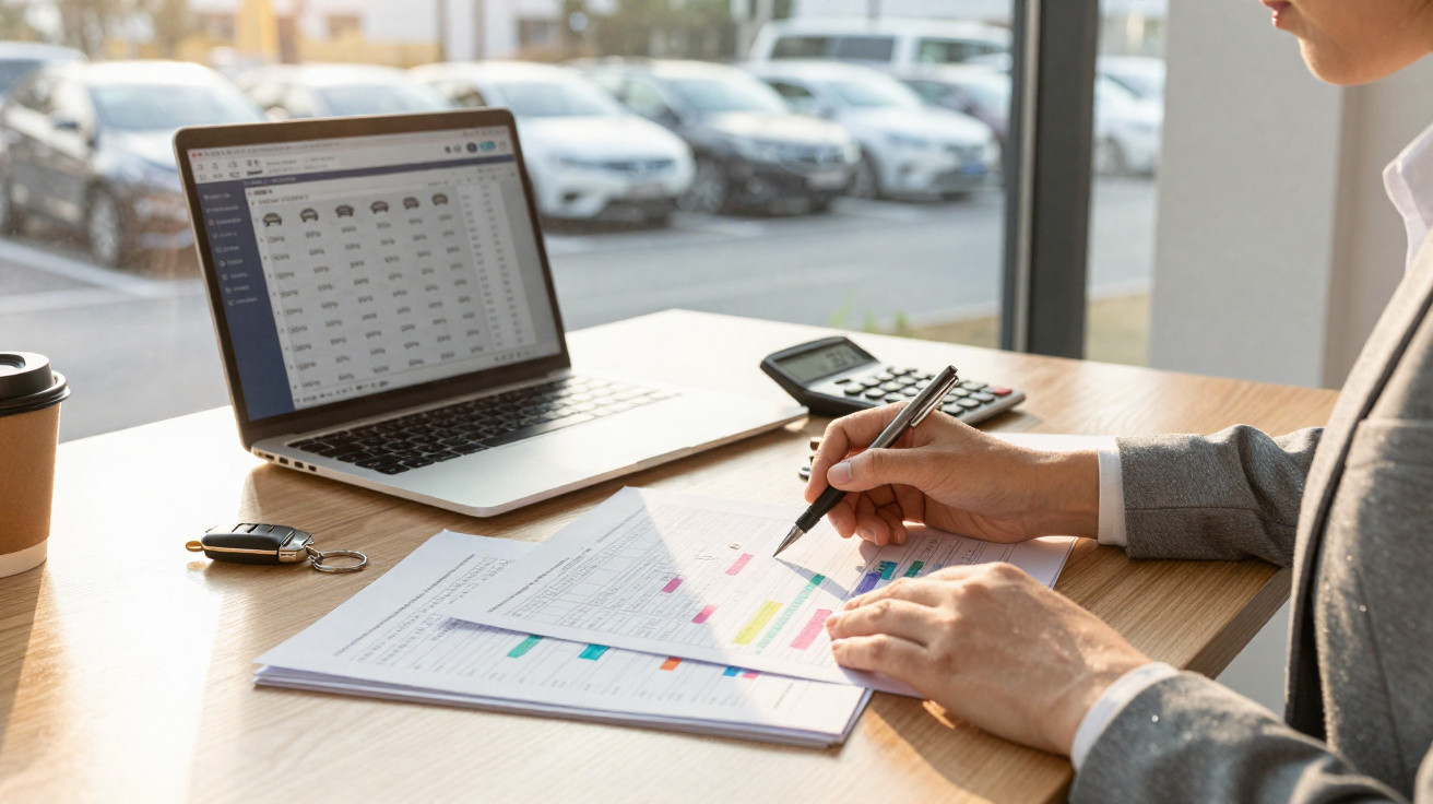 Pessoa analisando documentos e trabalhando com laptop, calculadora e chave de carro sobre mesa próxima a janela.
