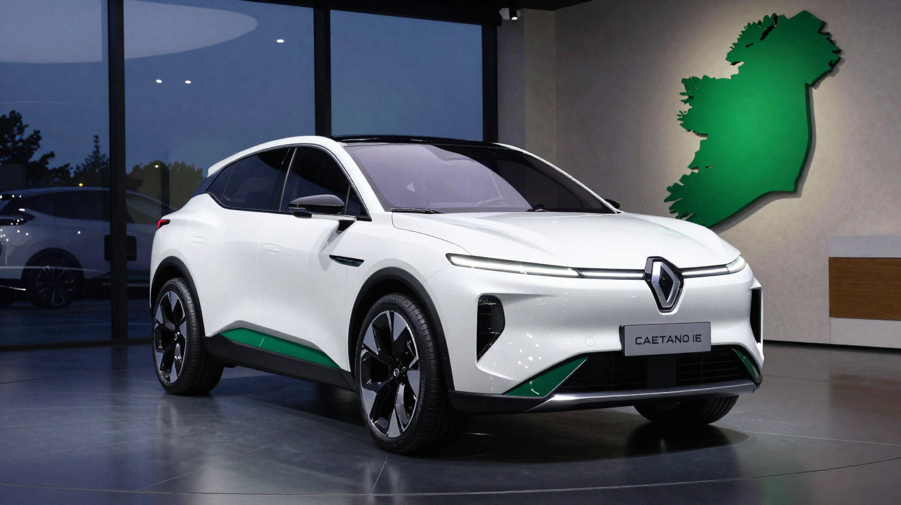 Carro branco elétrico Caetano IE exposto em showroom moderno com logo verde na parede.