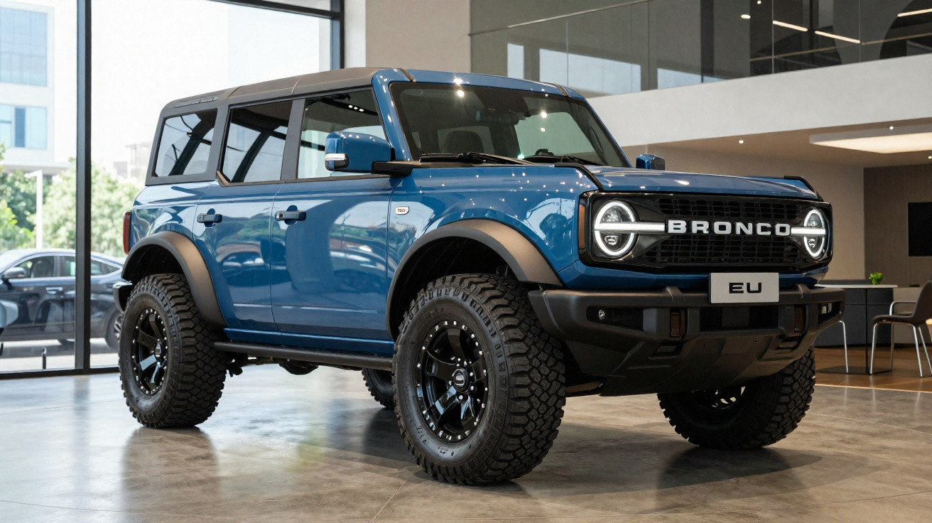 SUV Ford Bronco azul exibido em showroom moderno com pneus off-road robustos.
