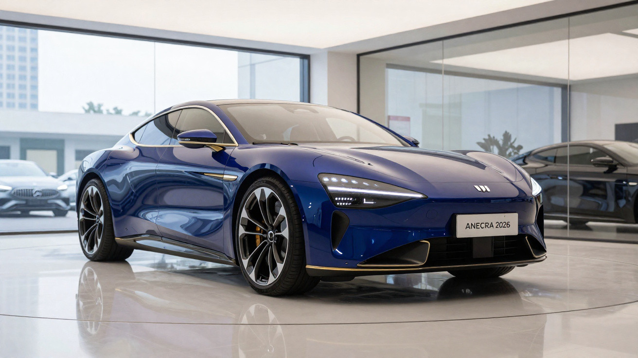 Carro esportivo azul Anecra 2026 em exibição em showroom moderno com paredes de vidro.