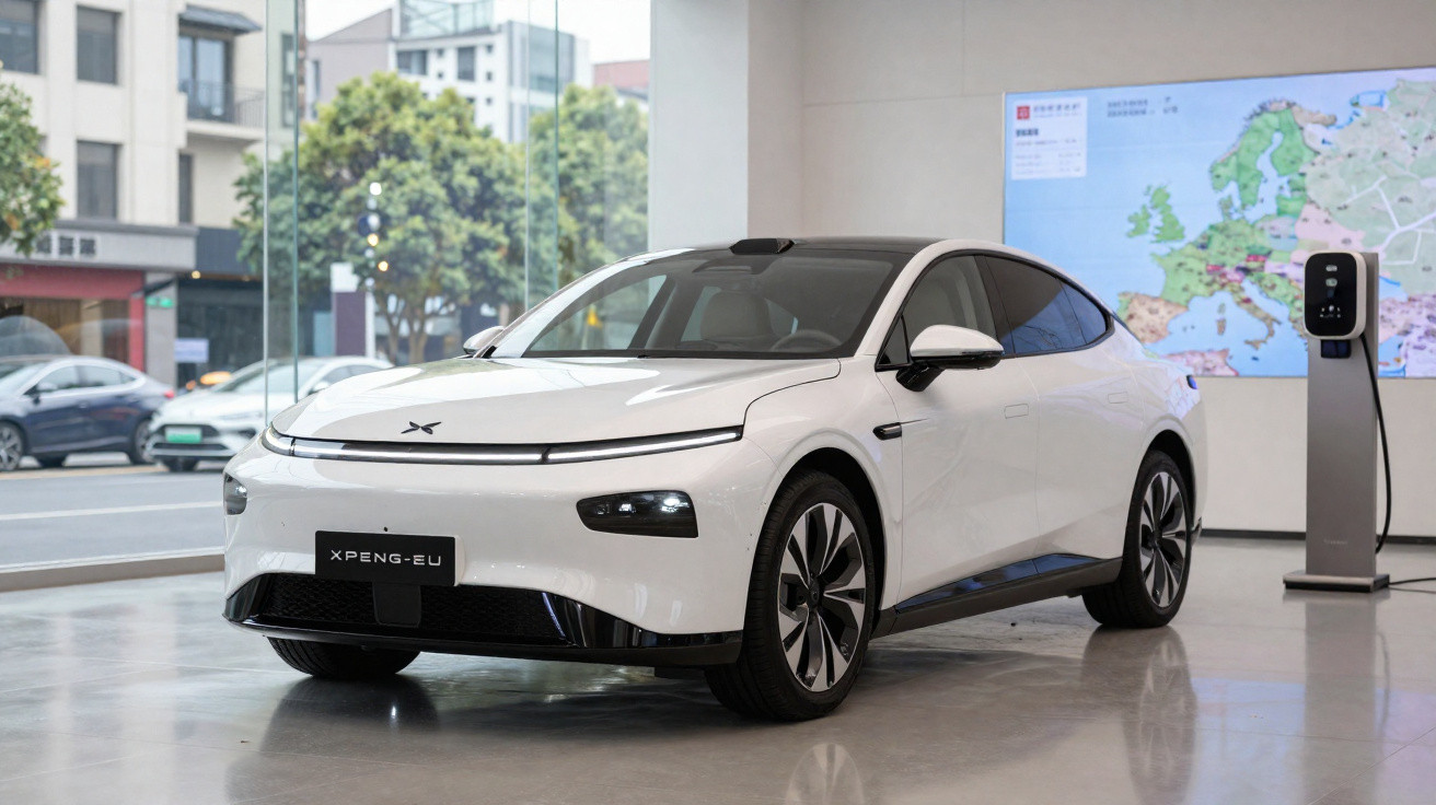 Carro elétrico branco XPeng EU exibido em showroom moderno com estação de recarga ao lado.