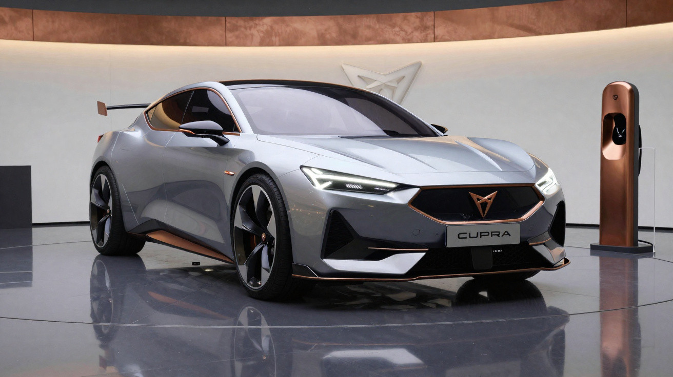 Carro esportivo elétrico cinza Cupra em exposição com carregador ao lado em ambiente interno moderno.