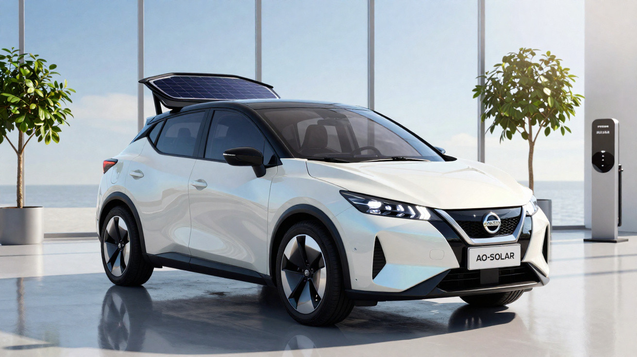 Carro elétrico branco com painel solar no teto, estacionado em ambiente moderno com carregador elétrico e plantas.