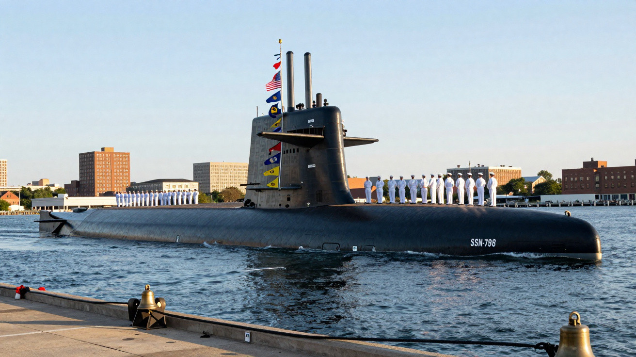 Submarino militar com tripulação uniformizada branca em fila sobre ele, próximo a cais e prédios urbanos ao fundo.
