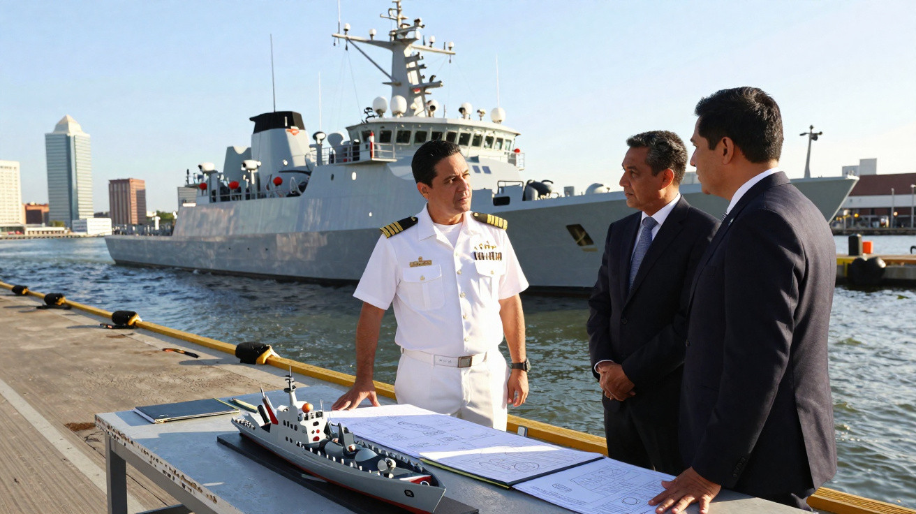 Oficial da marinha e dois homens em terno conversam ao lado de modelo de navio em doca com navio real ao fundo.