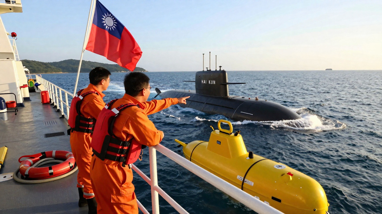Dois homens com uniformes laranjas e coletes salvavidas observam submarino preto e veículo amarelo no mar.