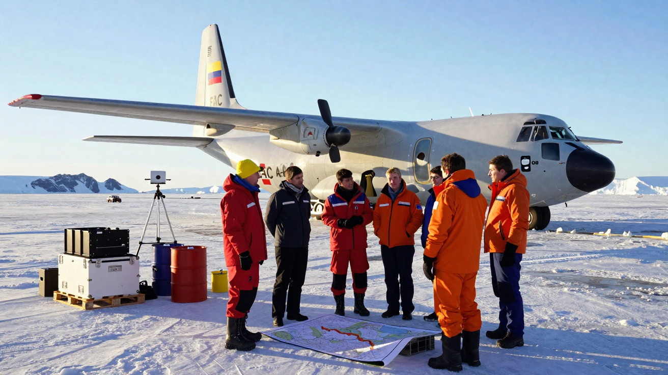 Equipe vestindo roupas de frio próxima a mapa no gelo com avião militar estacionado ao fundo