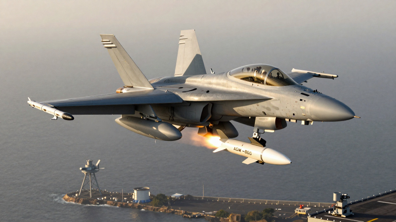 Caça militar lançando míssil AGM-86G sobre o mar próximo a base naval.