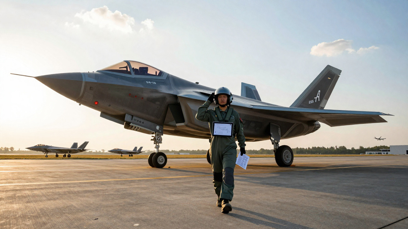 Piloto militar caminhando na pista próximo a jato de combate sob céu claro ao entardecer.