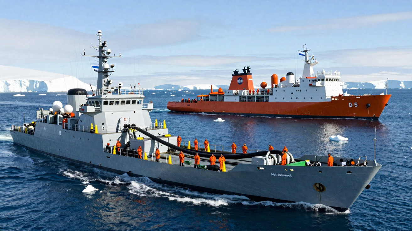 Dois navios militares navegando em mar gelado com tripulação vestindo roupas laranja e icebergs ao fundo.