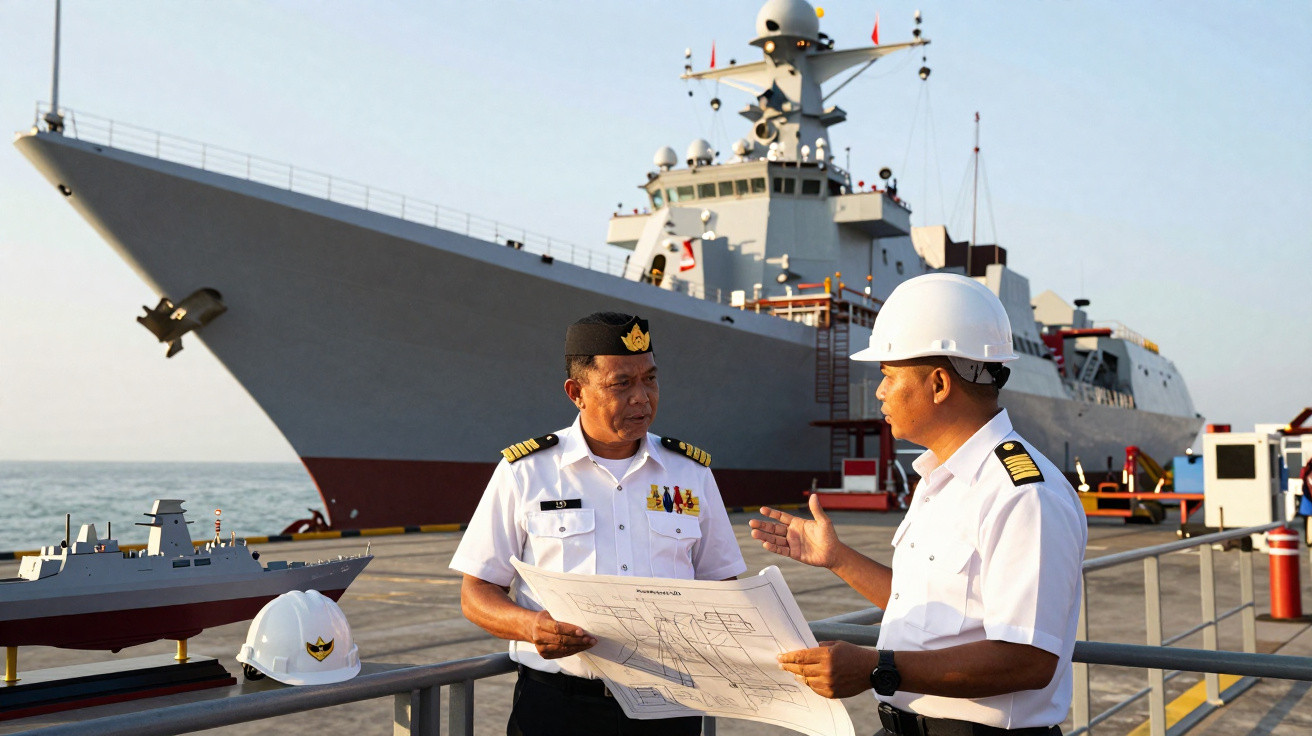 Dois oficiais navais discutem planta baixa com navio de guerra atracado ao fundo em cais ensolarado.