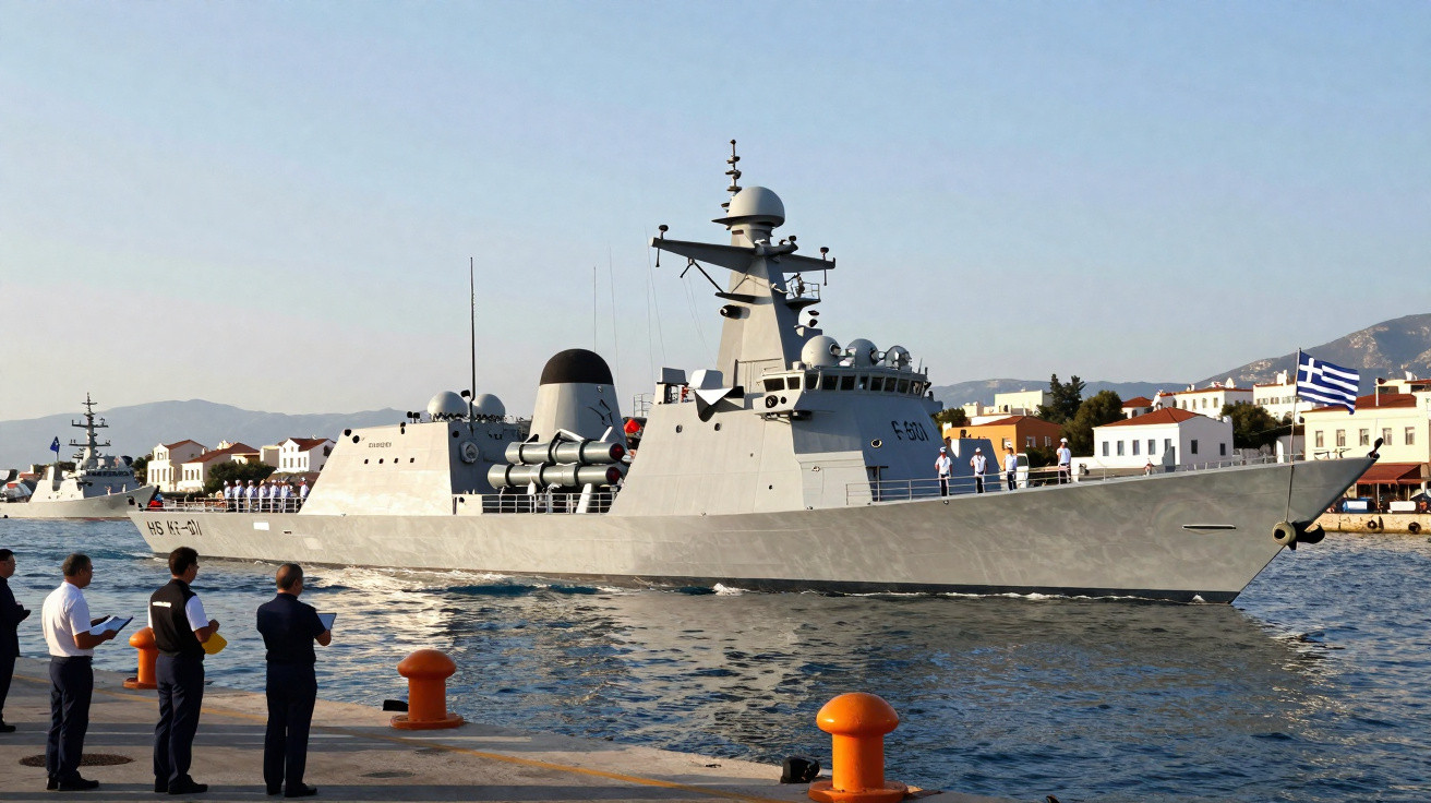 Navio de guerra cinza com tripulantes no convés navegando próximo a costa com bandeira da Grécia.
