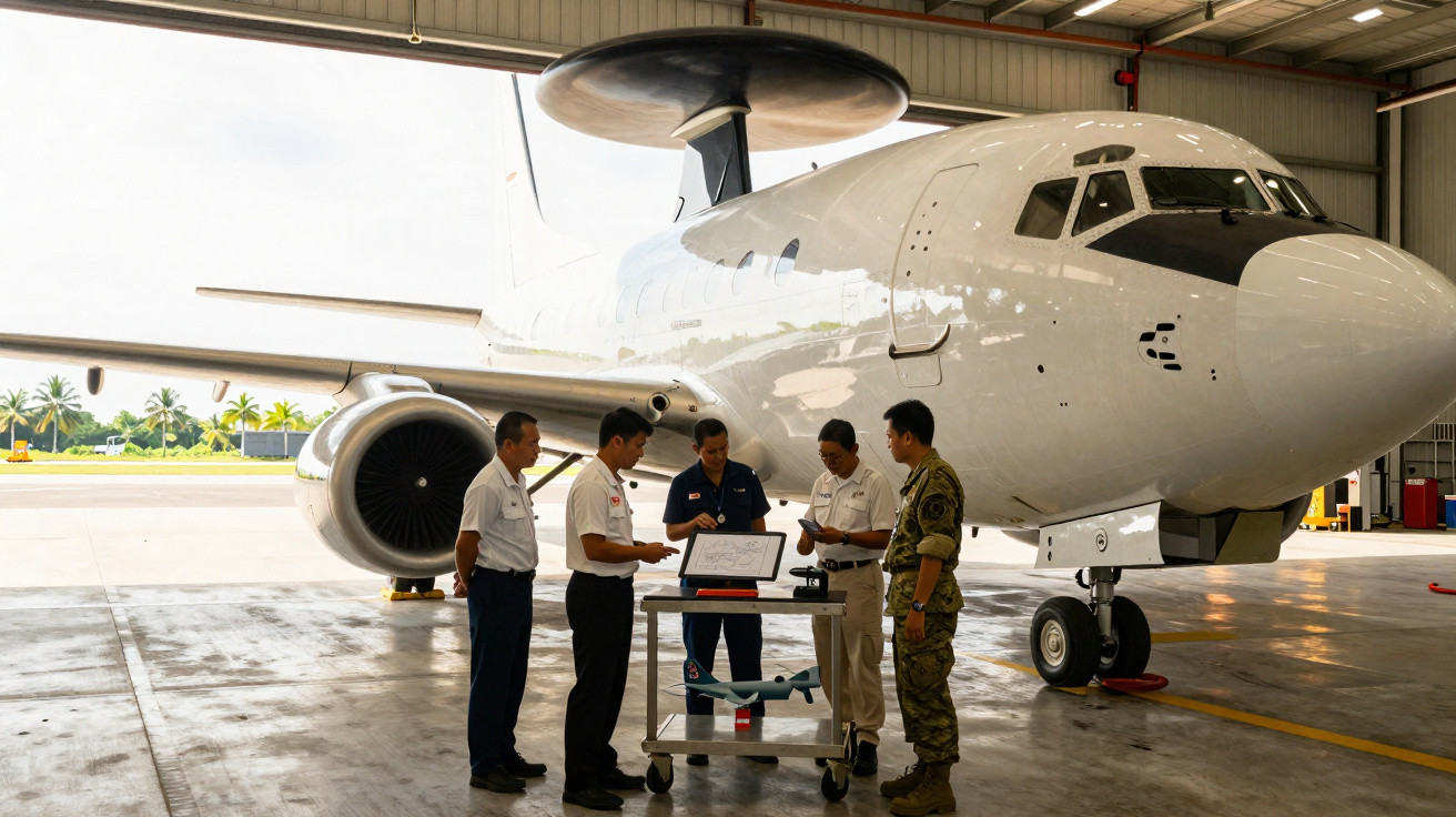 Cinco militares analisam documento em frente a avião de vigilância aérea em hangar.