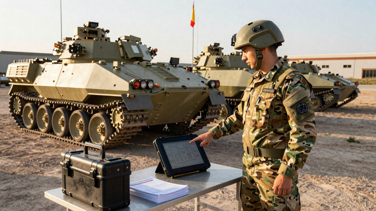 Militar com farda camuflada usando tablet em mesa ao ar livre com carros de combate ao fundo.