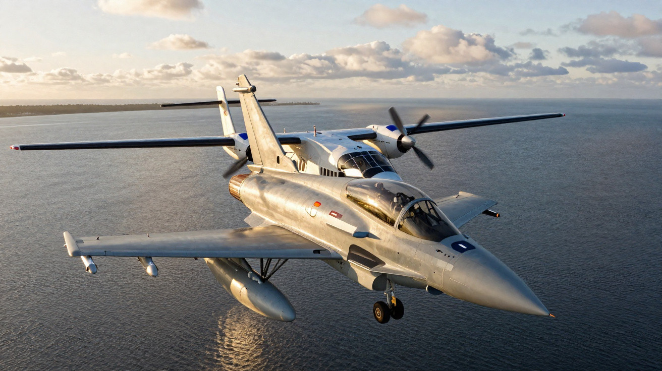 Aviões militares voando juntos sobre o mar ao pôr do sol com céu parcialmente nublado.