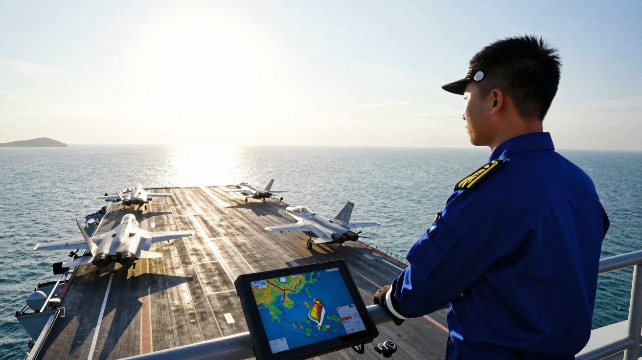 Oficial naval observa porta-aviões com caças estacionados, ao pôr do sol no mar.