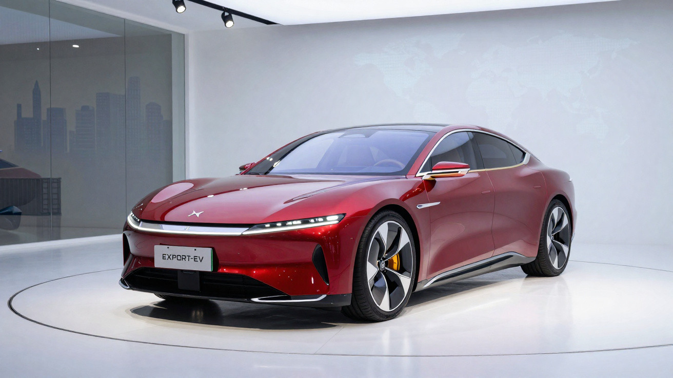 Carro elétrico esportivo vermelho, modelo Export-EV, exibido em ambiente moderno e iluminado.
