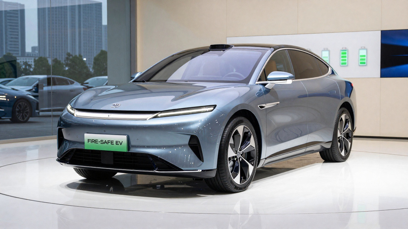 Carro elétrico cinza moderno exibido em showroom, com painel de carregamento e bateria ao fundo.