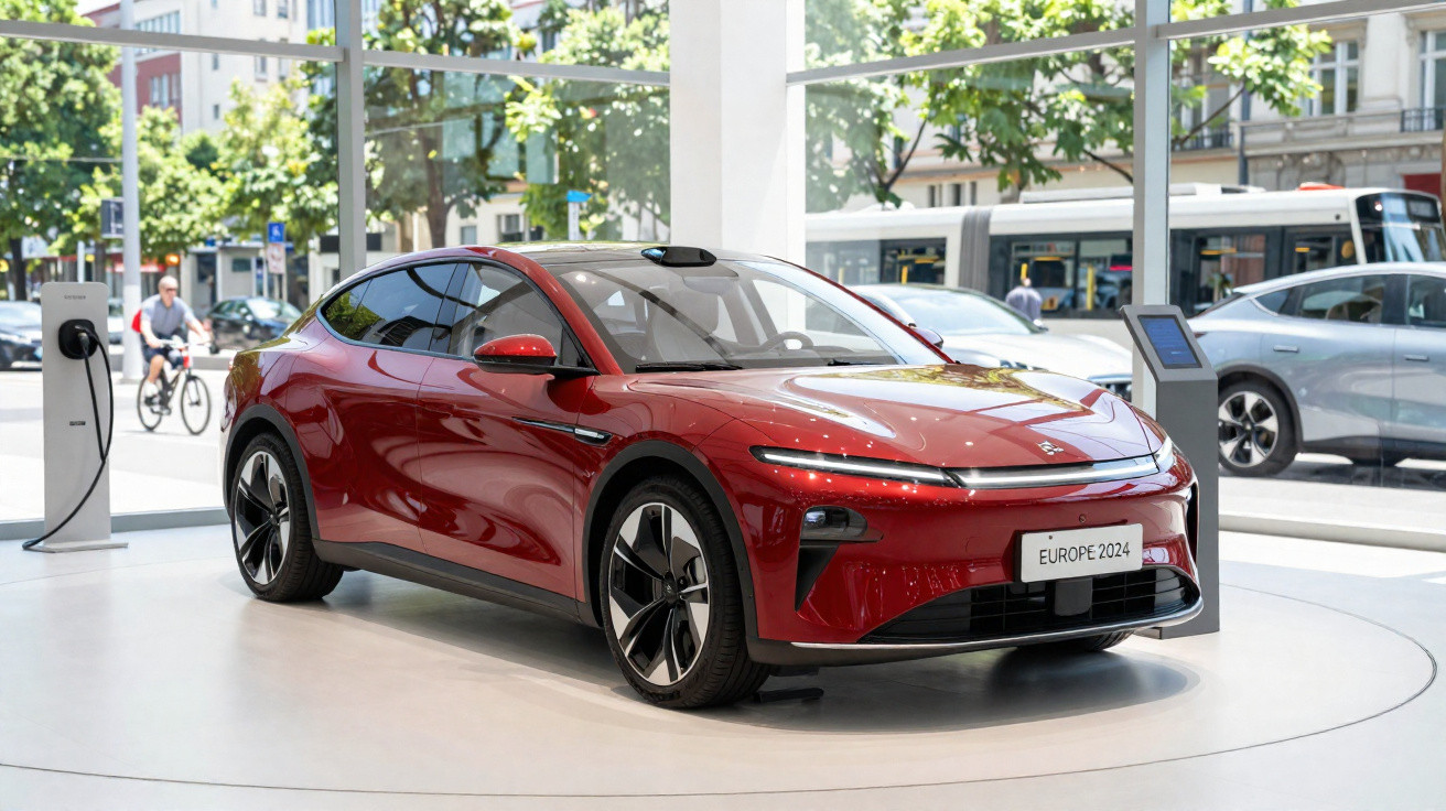 Carro elétrico vermelho em exposição, conectado a um carregador, em showroom com vidro ao fundo.
