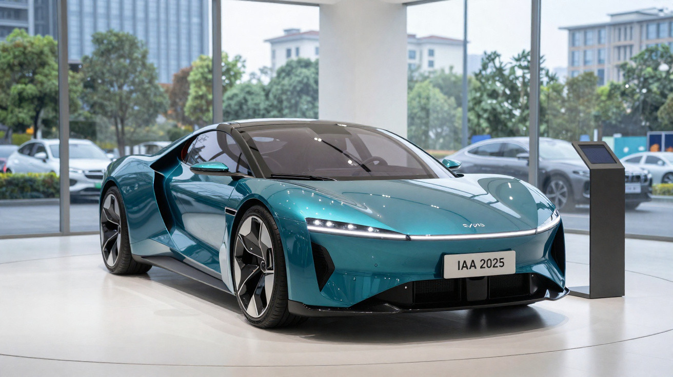 Carro esportivo elétrico azul metálico exibido em showroom moderno com vidros amplos ao fundo.