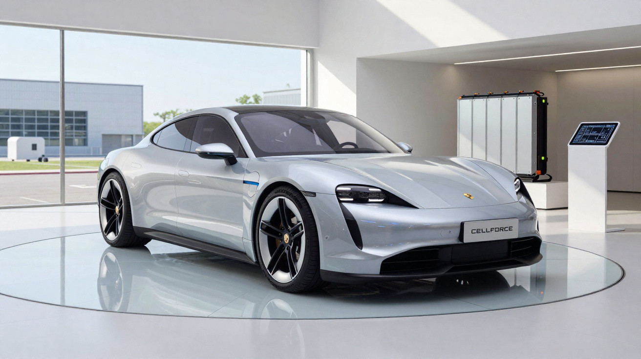 Carro esportivo elétrico prata em ambiente moderno e iluminado, com tecnologia de bateria visível ao fundo.