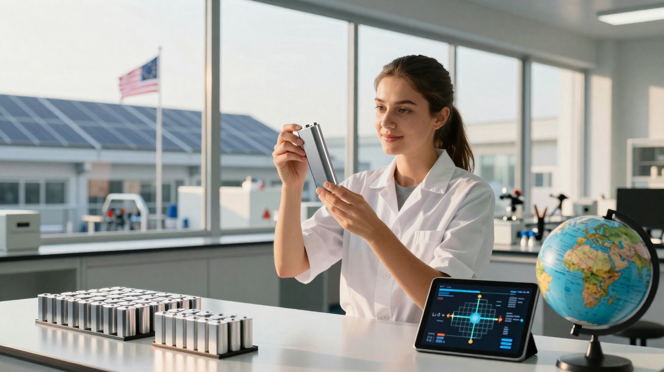 Mulher cientista examina baterias em laboratório moderno com tablet e globo terrestre ao lado.