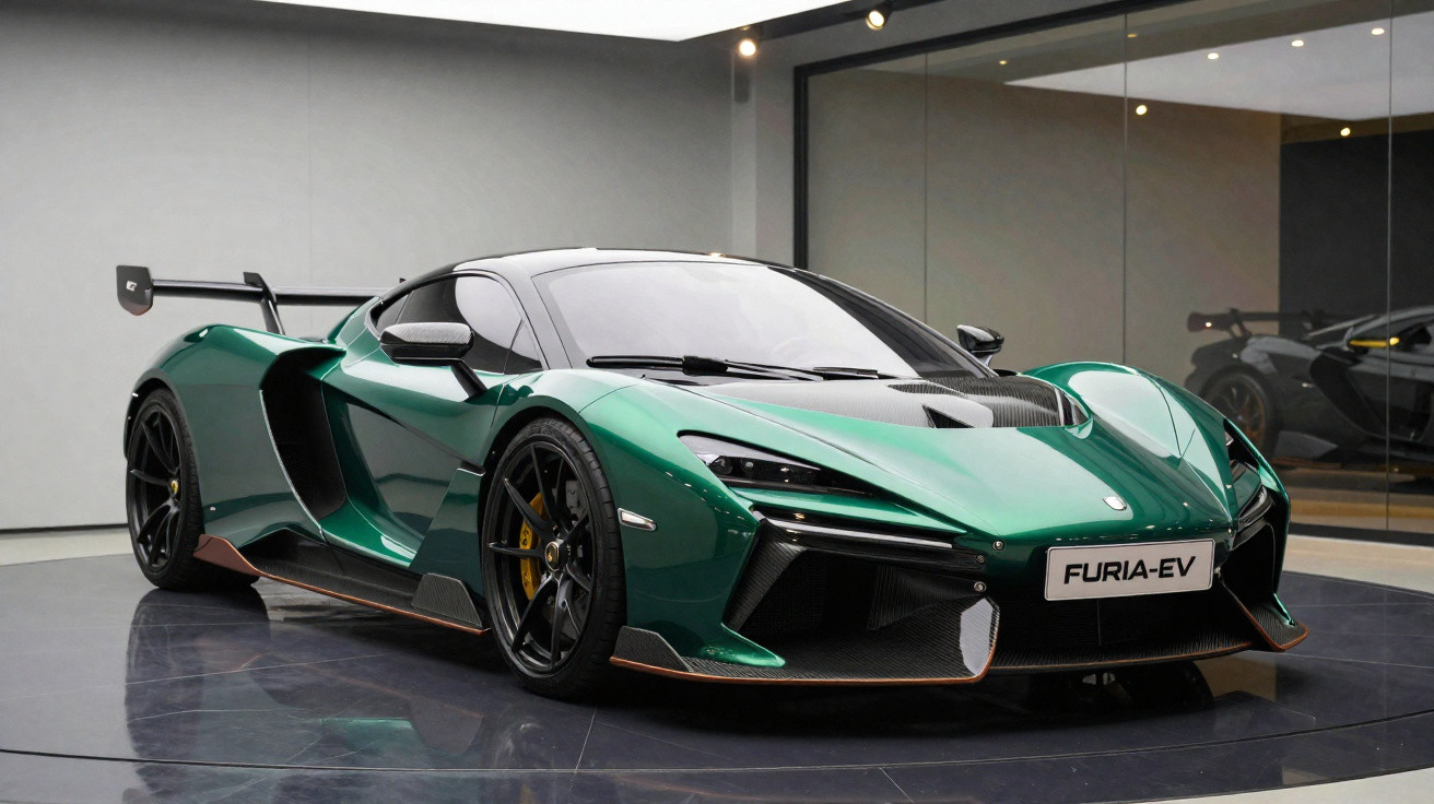 Carro esportivo elétrico verde Furia-EV em exposição dentro de showroom moderno e claro.