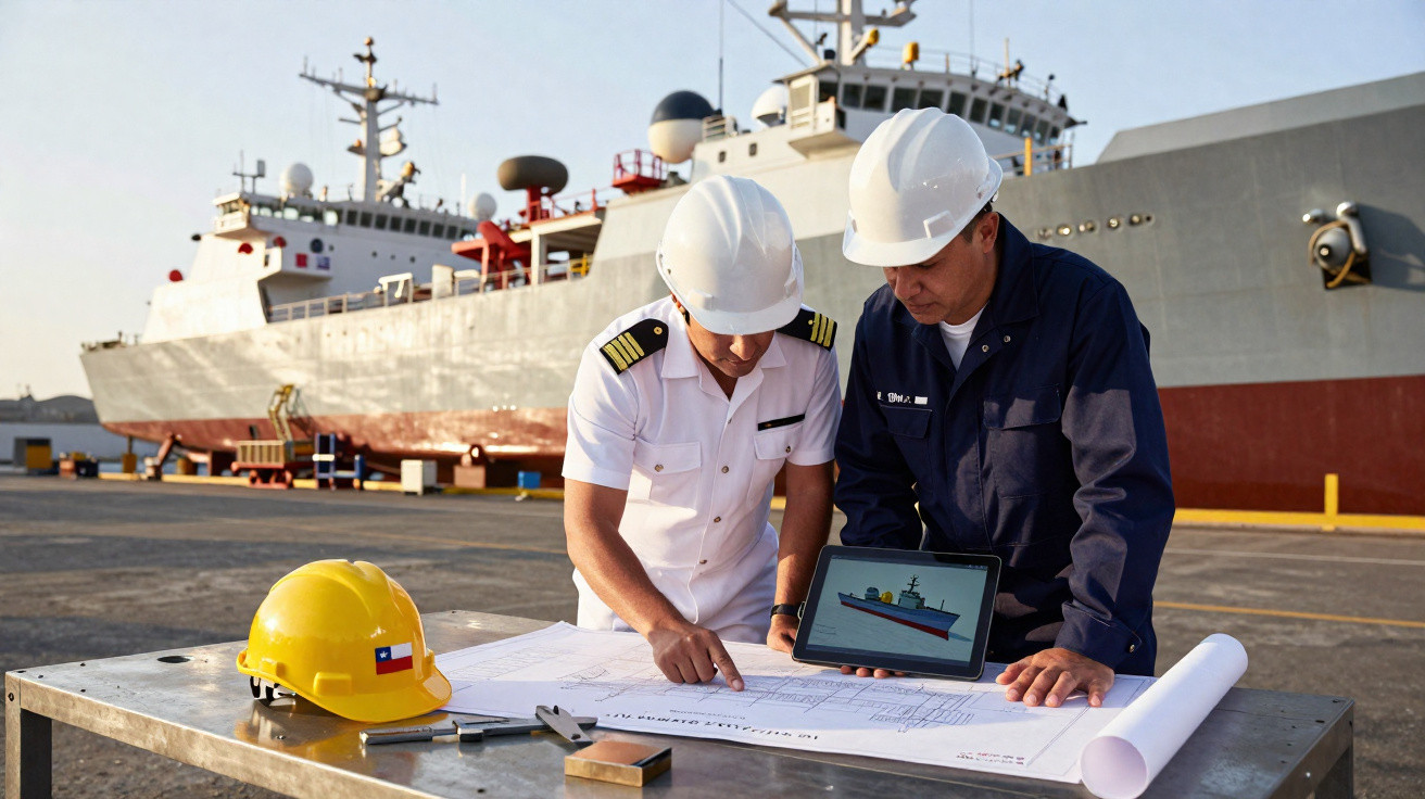 Dois homens com capacetes revisam plantas e tablet com imagem de navio ao fundo em porto.