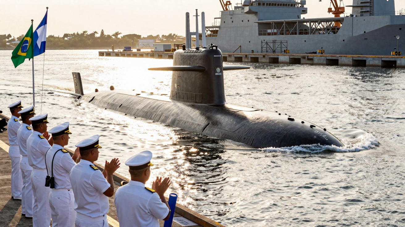 Submarino preto navegando próximo a militares brasileiros em uniformes brancos em cais ao entardecer.