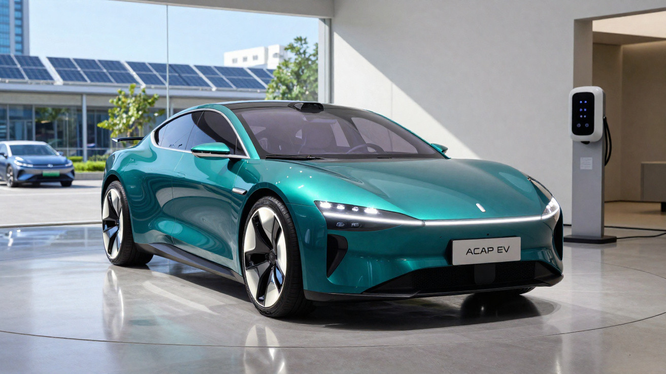 Carro elétrico verde metálico estacionado em ambiente interno com carregador ao fundo.