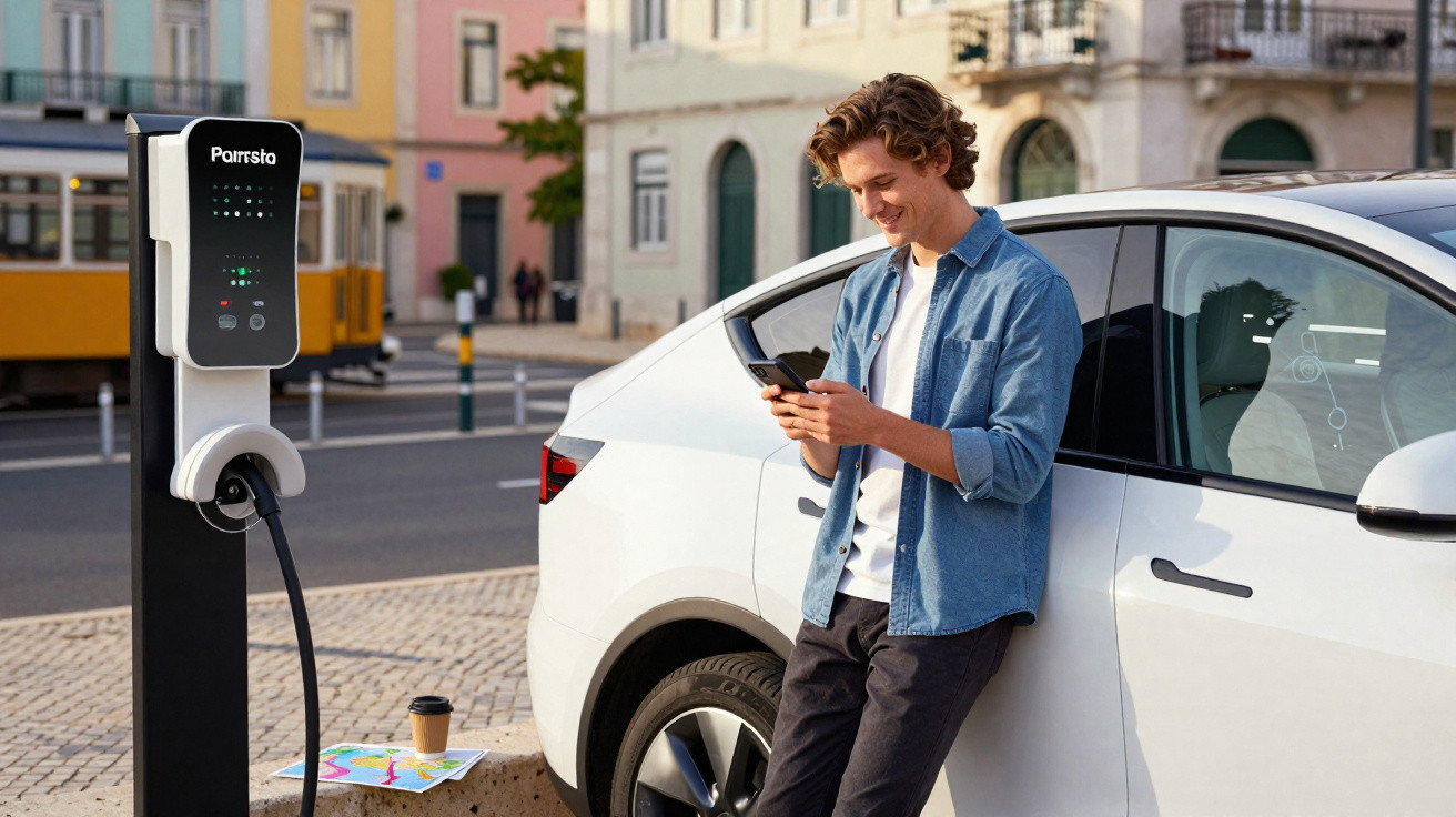 Homem sorridente usa celular ao lado de carro elétrico conectado a carregador urbano na cidade.