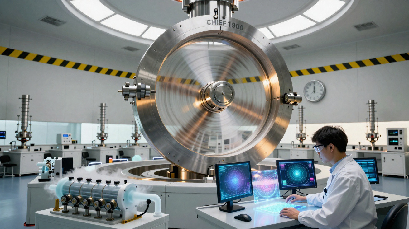 Cientista em laboratório moderno operando equipamento tecnológico avançado com telas holográficas e máquina circular grande.