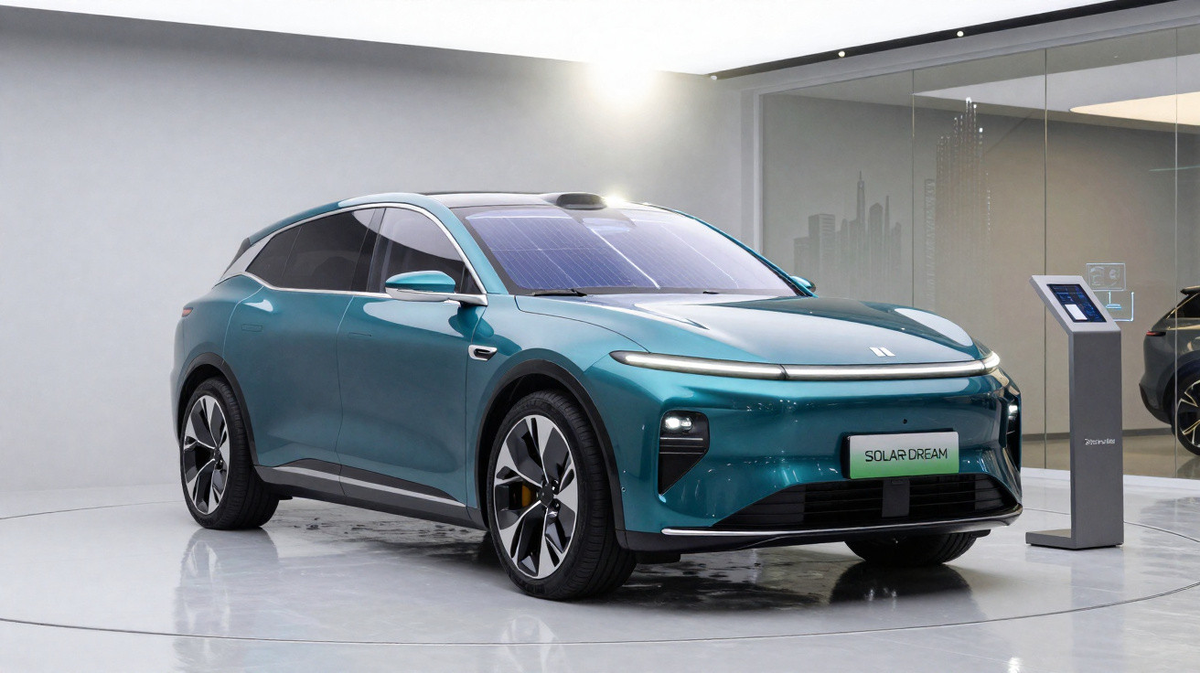 Carro elétrico SUV azul com painel solar exposto em showroom moderno branco e cinza.