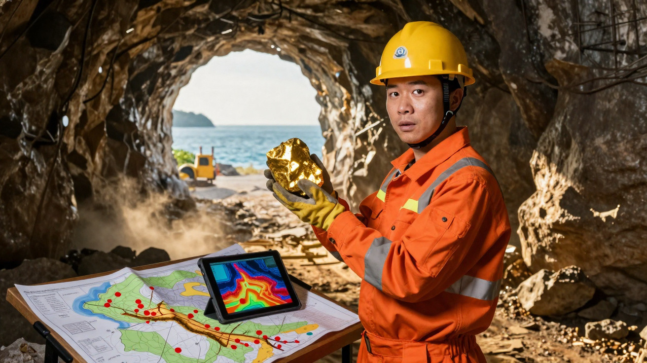 Homem de capacete e uniforme laranja segura pepita de ouro dentro de mina, com mapa e tablet à frente.