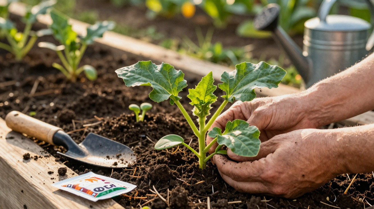 Mãos plantando muda de hortaliça em canteiro de madeira com terra úmida, pá e regador ao fundo.