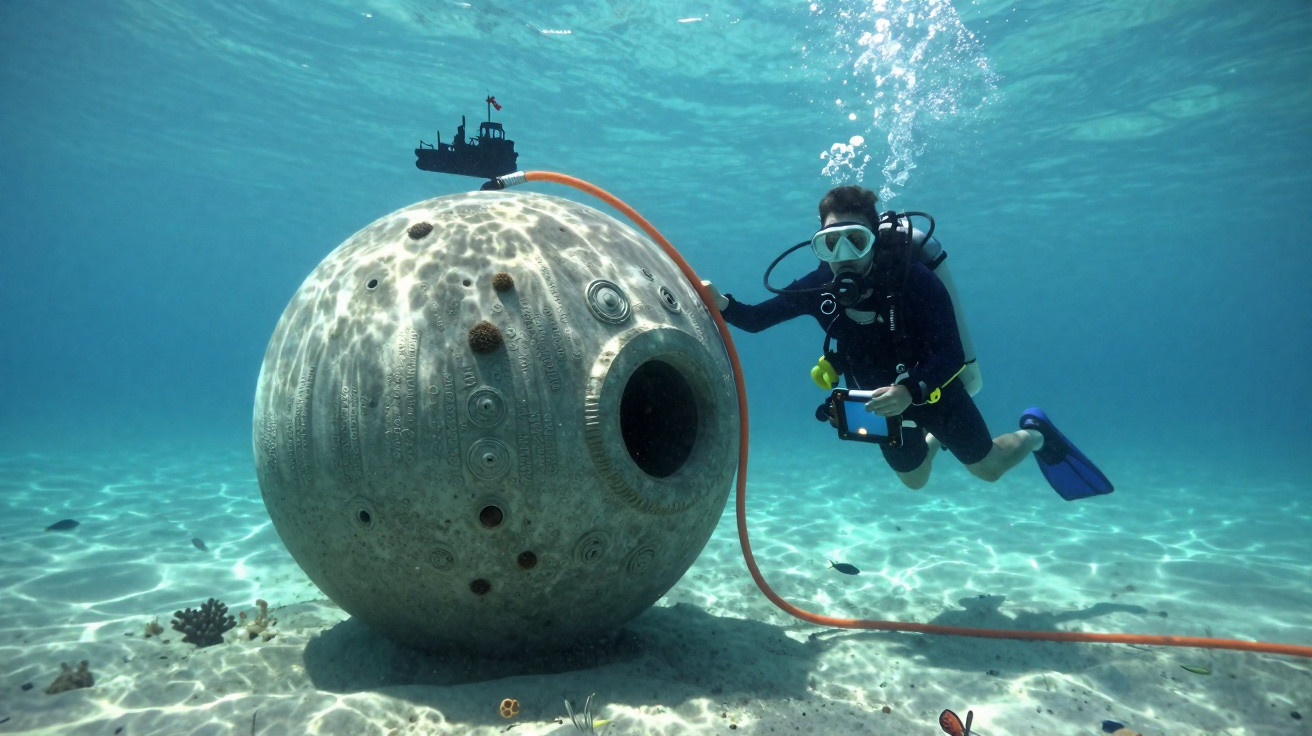 Mergulhador inspecionando uma esfera metálica submersa conectada por um tubo laranja no fundo do mar.