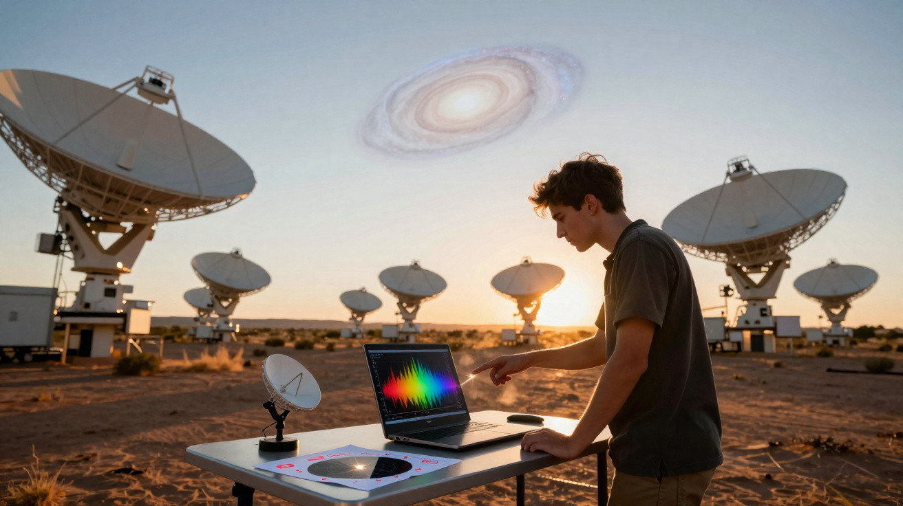 Jovem analisa dados em laptop próximo a antenas parabólicas, com galáxia visível no céu ao pôr do sol.