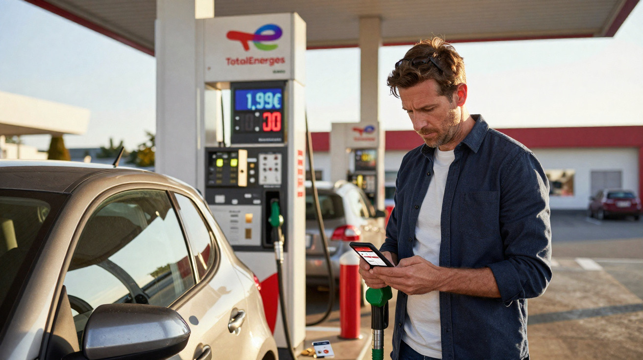 Homem usando celular enquanto abastece carro em posto de gasolina TotalEnergies.