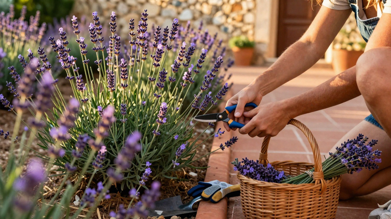 Pessoa colhendo flores de lavanda com tesoura de poda ao lado de cesta de vime cheia de ramos no jardim.