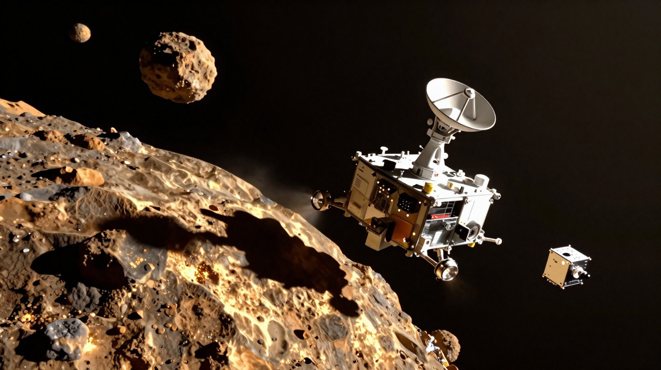 Sonda espacial com antena se aproximando de um asteroide rochoso em fundo negro no espaço sideral.