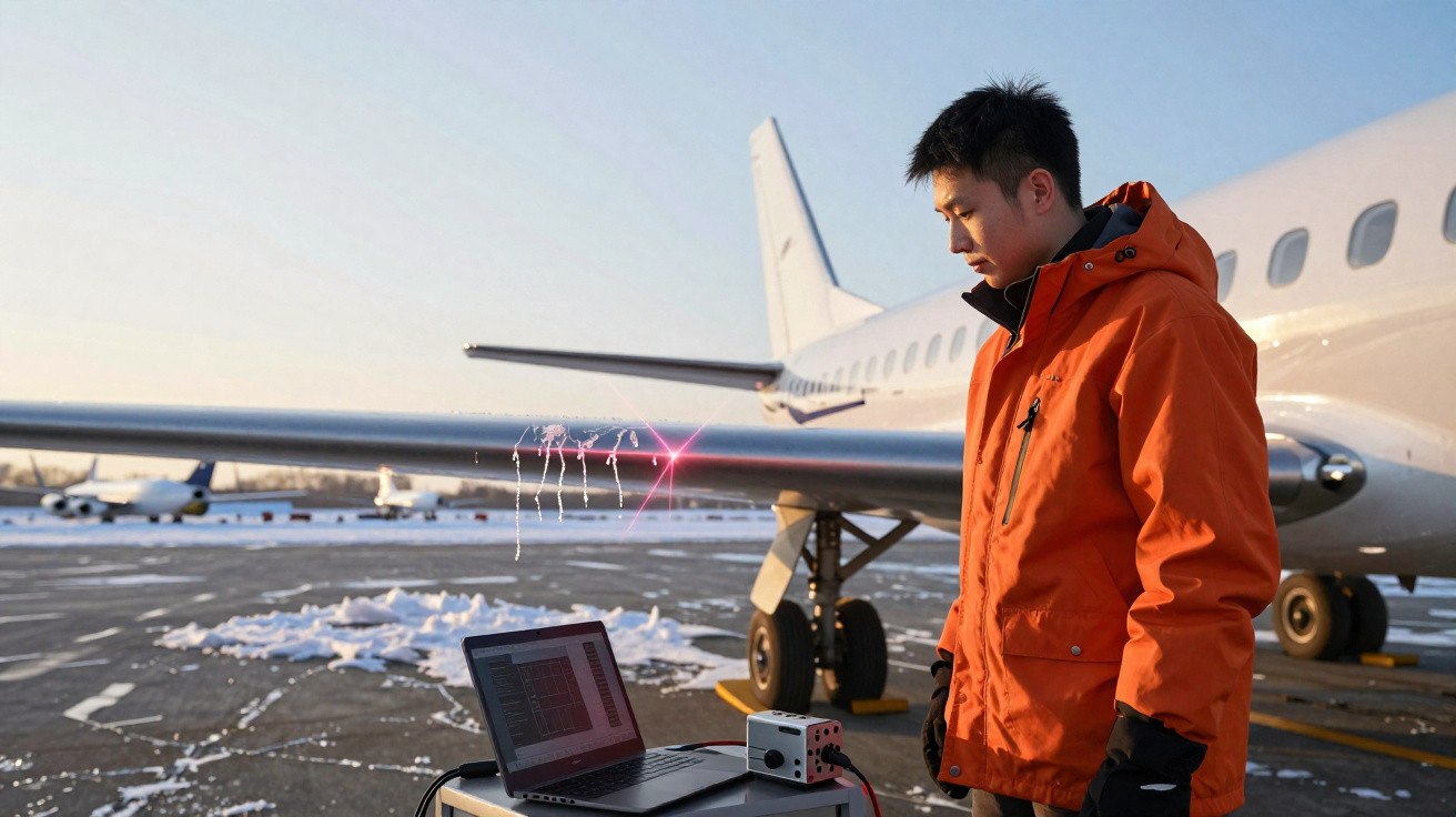 Homem com jaqueta laranja operando equipamento perto da asa de avião em pista com neve.