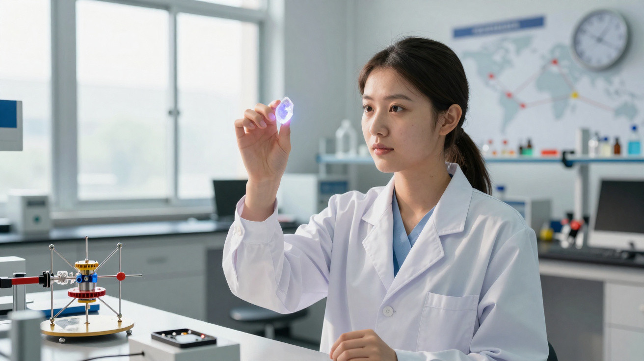 Mulher cientista em jaleco branco observando cristal iluminado em laboratório moderno.